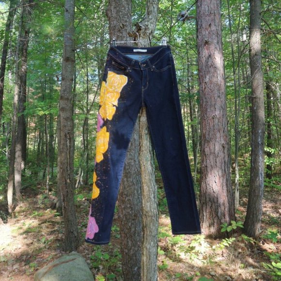 Yellow and Pink Rose Painted Dark Wash Skinny Levi - Picture 2 of 4